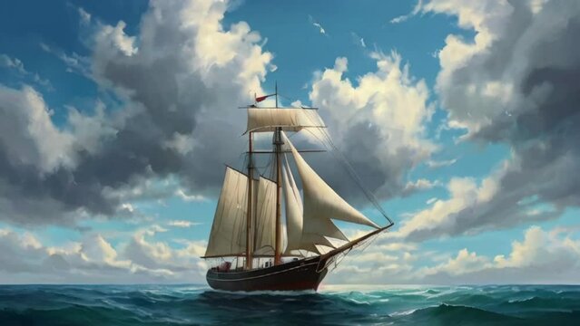 sailing ship in the sea, The sailboat in the sea against the summer sky with big clouds created with generative ai.