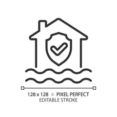 Flood protection linear icon. House with checkmark above water. Water damage prevention. Thin line illustration. Contour symbol. Vector outline drawing. Editable stroke. Pixel perfect
