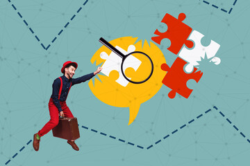 Creative collage picture young energetic happy man suitcase puzzle game match pieces logic...