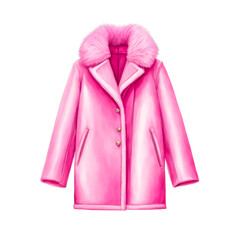 A faux fur coat in bubblegum pink color, with oversized lapels, watercolor illustration, winter clothing, formal, fashion ad promotion for scrapbook, journals, cutout on white background, women, girls