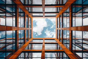 A modern office building view from below