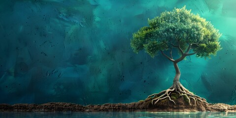 Enchanted Underwater Tree with Entwined Roots and Lush Foliage Reflecting in Tranquil Waters - obrazy, fototapety, plakaty