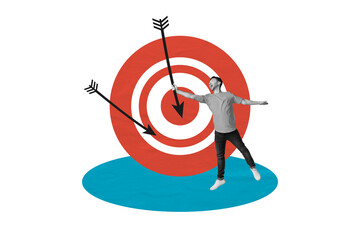 Composite vertical collage picture of mini excited black white colors guy hold arrow darts board...