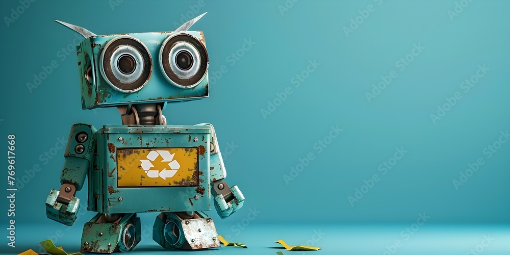 Poster recycling robot character transforming waste and championing change with copy space