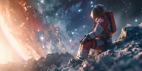 Space suit explorer Navigating Alien Frontiers Representing Boundless Adventure and Discovery in the Cosmic Realm - obrazy, fototapety, plakaty