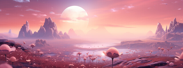 Enchanted Fantasy Landscape with Full Moon and Pink Fields