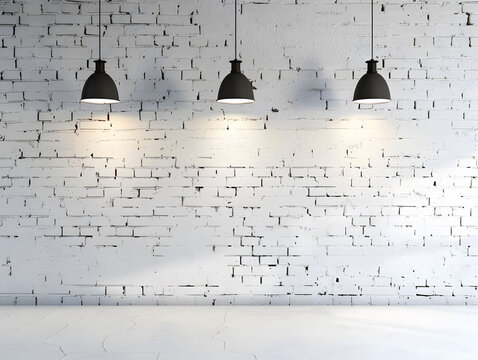 An abstract room featuring a white brick wall, wooden flooring, and hanging lamps from the ceiling.