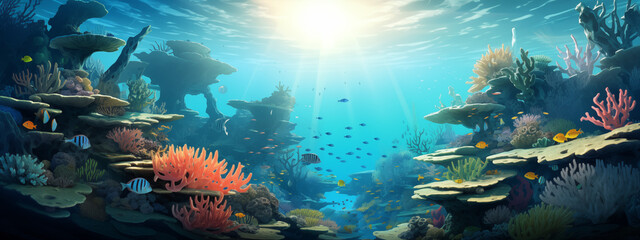 Bright Underwater Scene with Coral Reefs and Marine Life in Sunlit Ocean