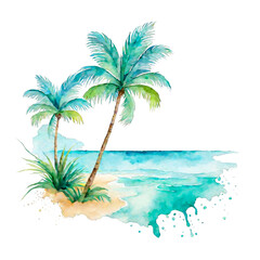 Fototapeta na wymiar Tropical beach with palm trees and clean water ocean, watercolor illustration, nature, travel location, for scrapbook, journal, planner, trip clipart, holidays, for travel ad promos, landscape scene