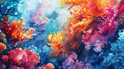 Obraz na płótnie Canvas Capture the beauty of a vibrant underwater realm, portraying a colorful array of coral reefs in a mesmerizing watercolor style.