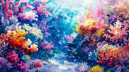 Obraz na płótnie Canvas Capture the beauty of a vibrant underwater realm, portraying a colorful array of coral reefs in a mesmerizing watercolor style.