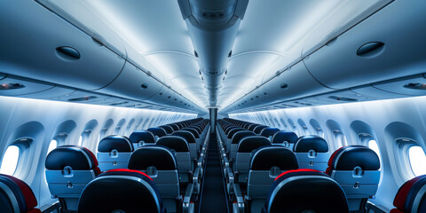 Inside an airplane cabin, rows of empty seats can be seen, illustrating a typical seating arrangement for air travel