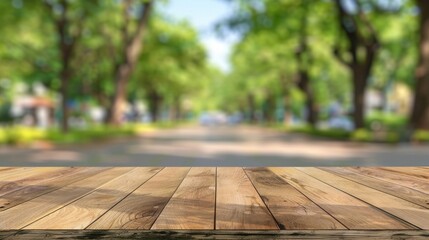 Close-up of an empty wooden table top with a blurred background - obrazy, fototapety, plakaty