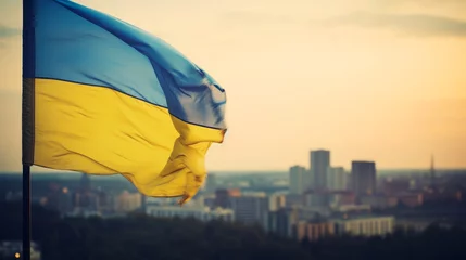 Deurstickers The Ukrainian flag waves proudly above the city on Ukrainian Independence Day © Anastasia Shkut