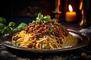 Delicious spaghetti bolognese on a metal tray against a vintage wallpaper background