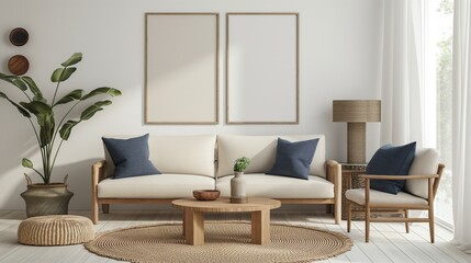 Modern interior design with two framed posters on the wall. Simple shapes and beige tones convey a minimalist style. Coffee tables, armchairs and sofas.ai generated.