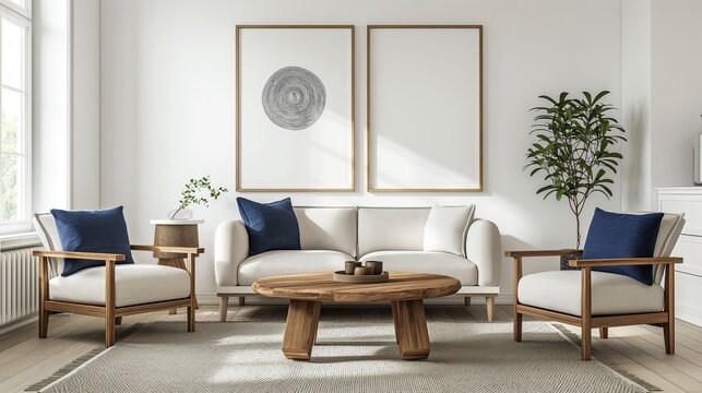 Modern interior design with two framed posters on the wall. Simple shapes and beige tones convey a minimalist style. Coffee tables, armchairs and sofas.ai generated.
