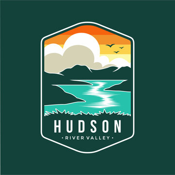 Hudson river valley emblem patch logo illustration on dark background