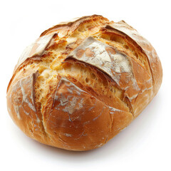 A single freshly baked loaf of bread with a golden crust, isolated on a white background.
