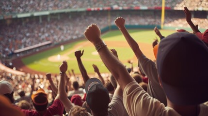 Fans cheering in a baseball stadium, focus on the crowd