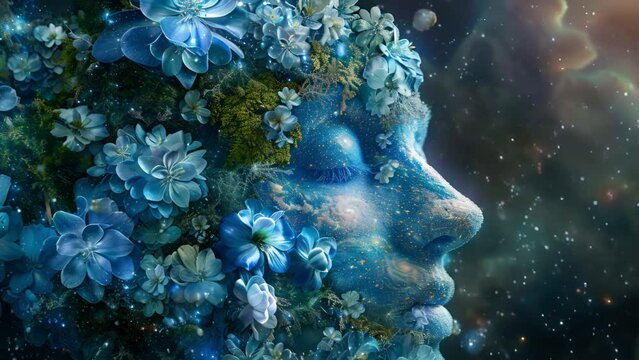 青い花と女性の顔,Generative AI 