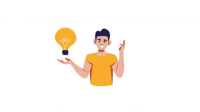 Man with question icon and bulb icon. Decision, support, problem solution, idea concept. Animation video.