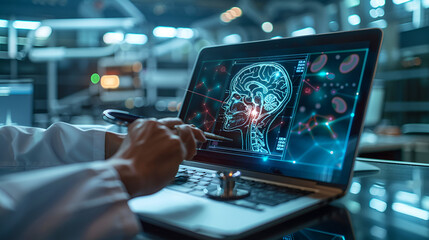 Doctor With Laptop Diagnose checking Brain scan, Generative Ai