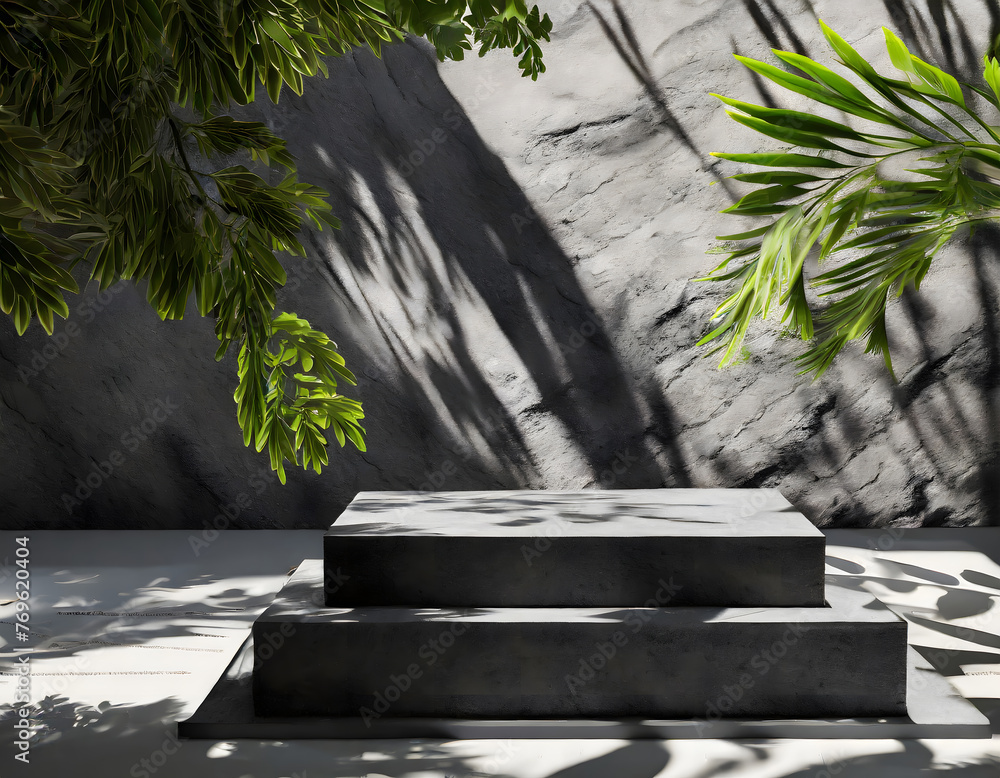 Aufkleber 3d rendering mockup empty black rock podium display shelves sunshade shadow tree. generative ai.