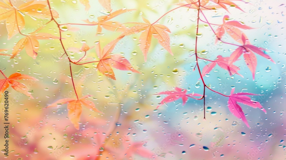 Poster a detailed view of raindrops on a window, creating a blurred background