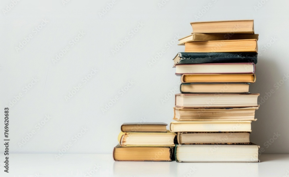 Poster a neat stack of vintage books is placed on top of a wooden table, creating a simple yet classic comp