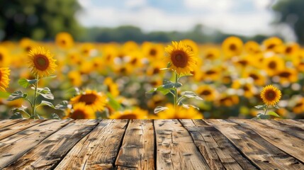 A wooden table with a background of a sunflower field, creating a rustic and natural setting