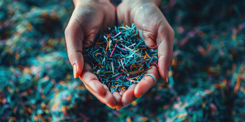 Close-up view of a persons hands holding a colorful handful of small sprinkles about to be scattered - obrazy, fototapety, plakaty