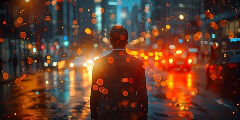 Businessman walking on a city street at night with blurred car lights in the background. Concept Urban Night Photography, Professional Street Style, Cityscape Vibes, Corporate Lifestyle