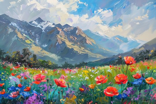 Beautiful spring landscape with colorful poppy flowers in mountains. Horizontal oil painting, impasto 