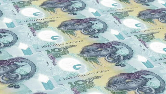 Papua New Guinea 10 Banknotes Money Printing House, Printing Ten Papua New Guinean Kina, Printing Press Machine Print out Papua New Guinean Kina, Being printed by currency press machine 10