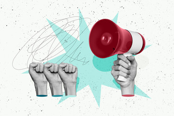 Composite photo collage of hand hold loudspeaker speech news victory fist crowd protest fans...