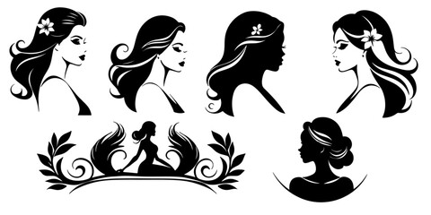 Silhouettes of heads of girls with beautiful hairstyle. Concept