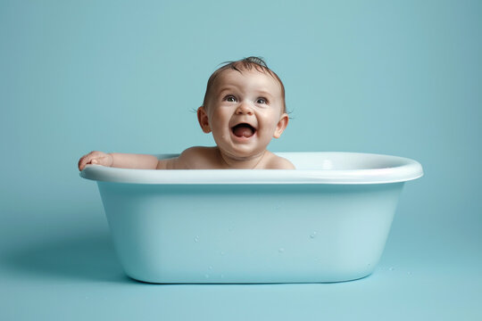 Little happy smiling baby in bathtub bathes isolated on empty light blue background with space for text or inscriptions, front view
