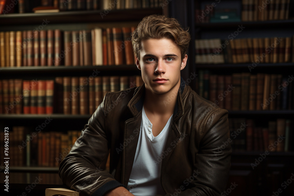 Aufkleber generative ai photo of attractive clever smart student in library against bookshelf