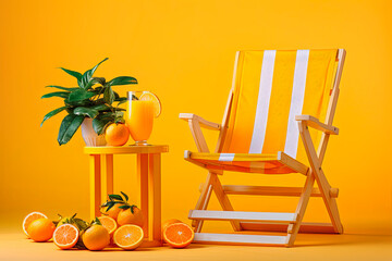 A glass pitcher filled with refreshing orange juice, garnished with fresh oranges, sits on a wooden table and a beach chair.