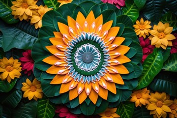 Happy Ugadi Greeting card arranged with flower decoration, Close-up of vibrant Ugadi celebration and puja elements