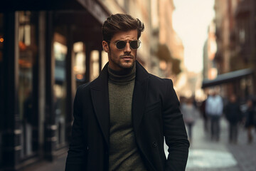 Generative AI image of businessman wearing an elegant stylish clothes walking on city street