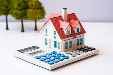 Calculator with house model on white table. Calculations and planning when buying property. Mortgage, rent and real estate concept