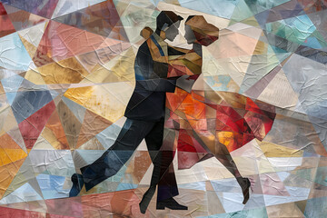 Latin American Hispanic male and female couple dancing the ballroom Calypso dance shown in an abstract cubist style painting for a poster or flyer, stock illustration image