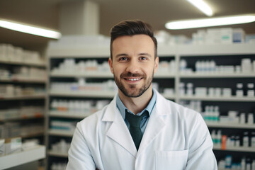 Fototapeta na wymiar Smiling cheerful confident pharmacist in drugstore store shop Generative AI