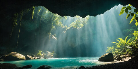 Beautiful water hole in a mysterious jungle cave.  - obrazy, fototapety, plakaty