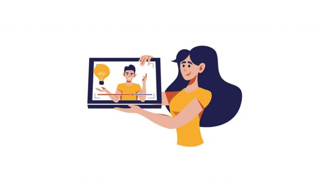 Woman with laptop watching video tutorial, webinar. Online education, e-learning, distance working, online training, online courses concept. Animation video.