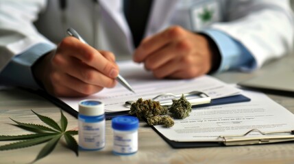 Closeup of medical cannabis in an open bottle and capsule on a table, with marijuana leaves and buds nearby, Doctor writing on prescription blank and bottle with medical cannabis.