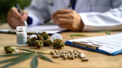 Closeup of medical cannabis in an open bottle and capsule on a table, with marijuana leaves and buds nearby, Doctor writing on prescription blank and bottle with medical cannabis. - obrazy, fototapety, plakaty