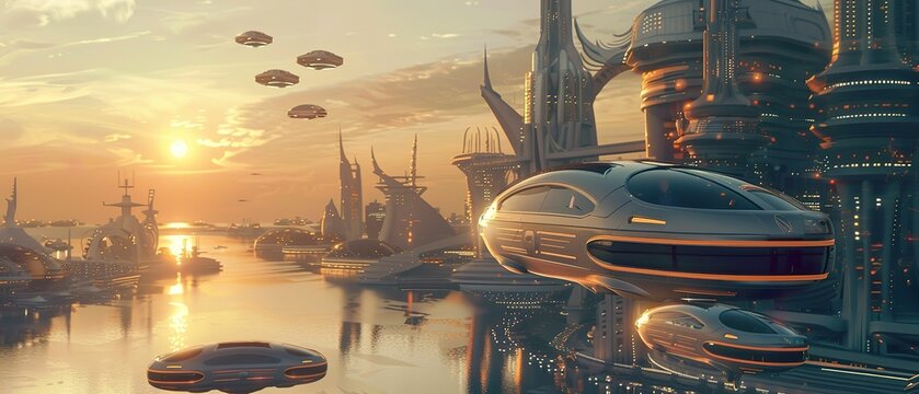Futuristic city with floating cars, clear sky, golden hour, high saturation